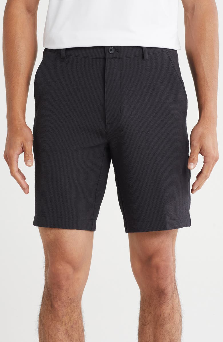 Greg Norman Stripe Stretch Seersucker Shorts, Main, color, Black