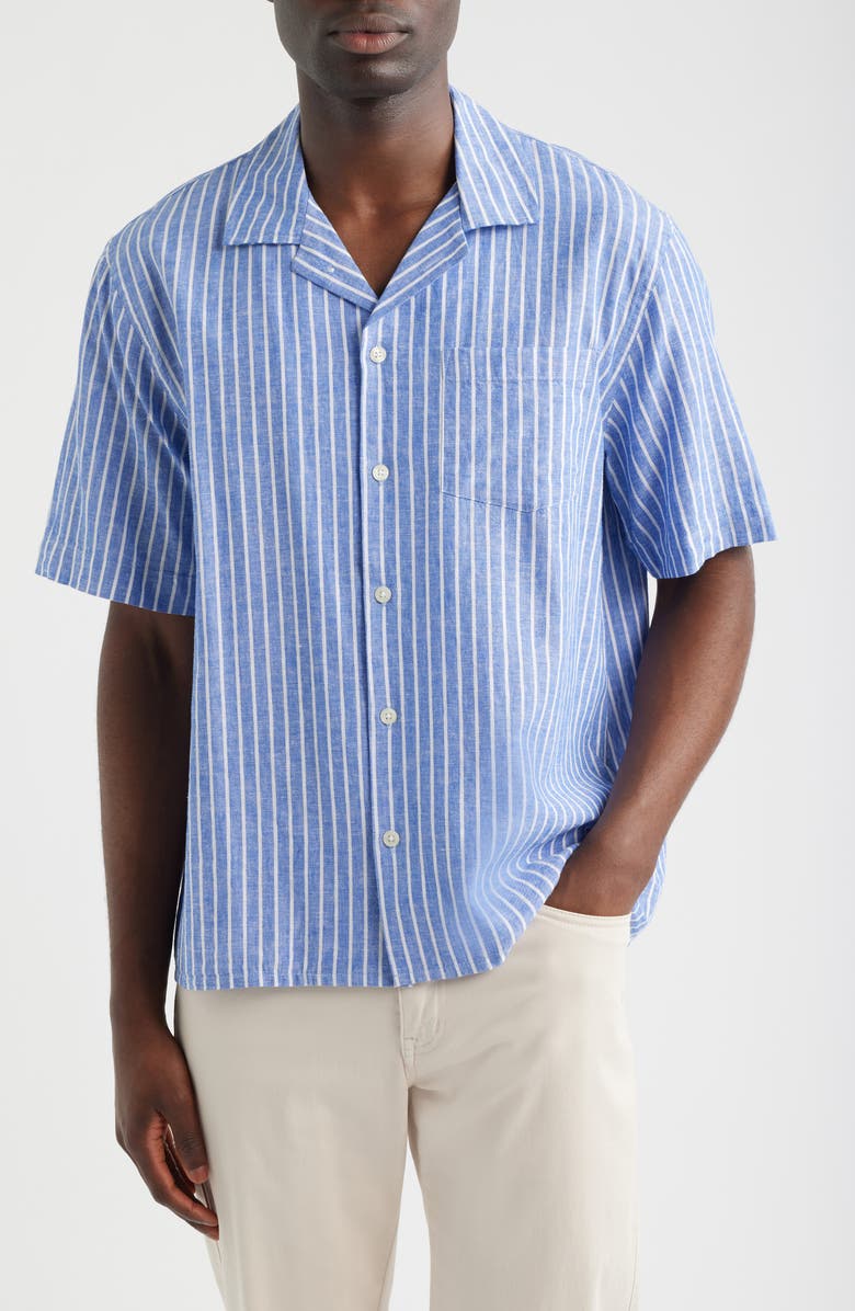 Corridor Stripe Linen & Cotton Camp Shirt, Main, color, Blue