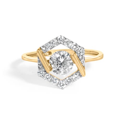 10k Yellow Gold Plated Silver 1.0 Cttw Lab Grown Diamond Hexagon Halo Ring