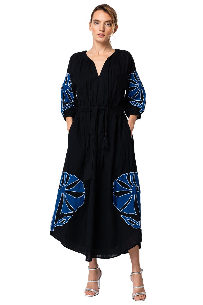 Tiana Embroidered Cotton Midi Dress, Alternate, color, NAVY/ BLACK