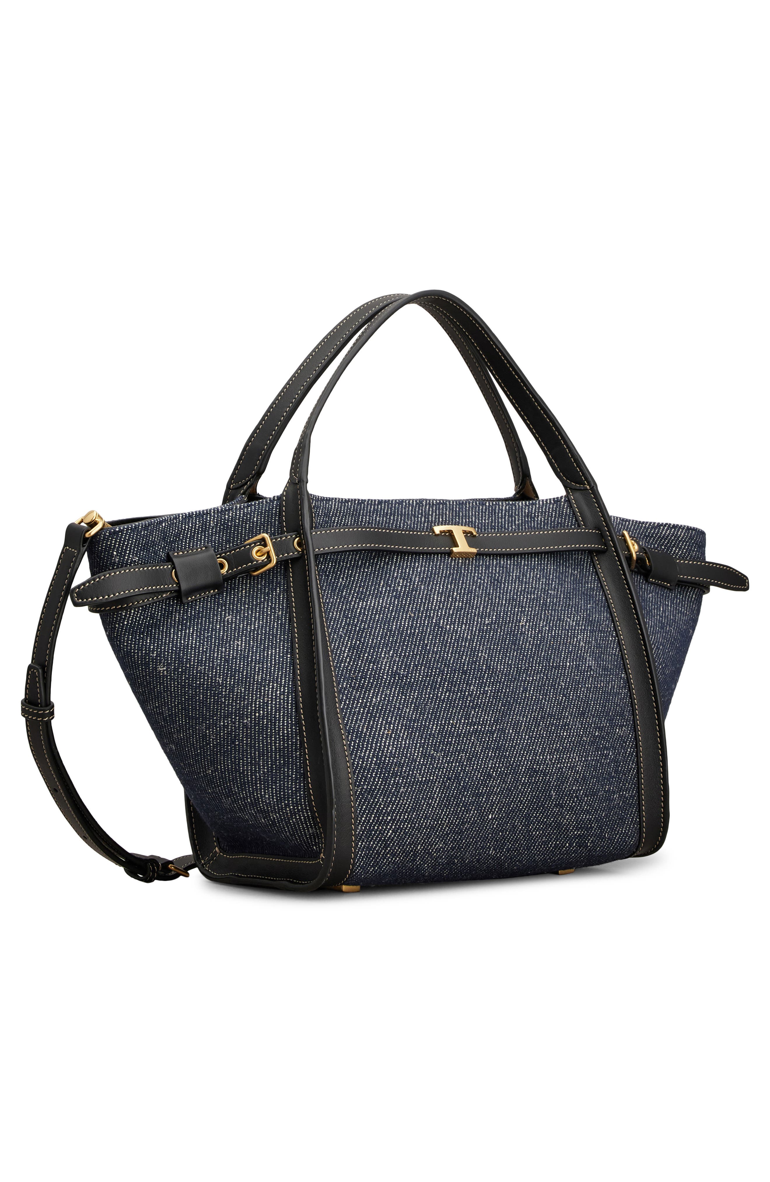 Tod's T Timeless Canvas & Leather Shopping Bag, Alternate, color, Blu Denim Chiaro/ Nero
