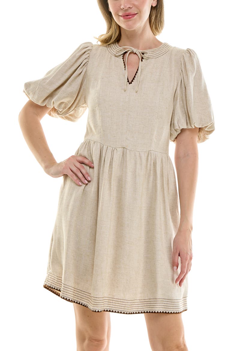 Embroidered Short Sleeve Fit & Flare Dress, Alternate, color, HEATHER TAN