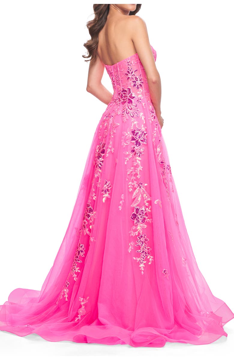 La Femme Strapless Tulle A-Line Dress with Sequin Floral Applique, Alternate, color, Neon Pink