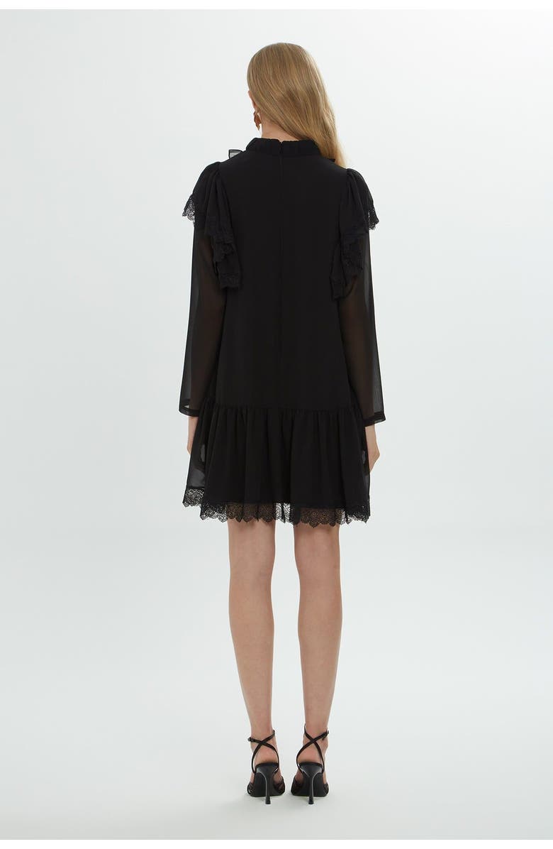 Gizia Short Black Dress with Long Sleeves and Tulle Details, Alternate, color, Black