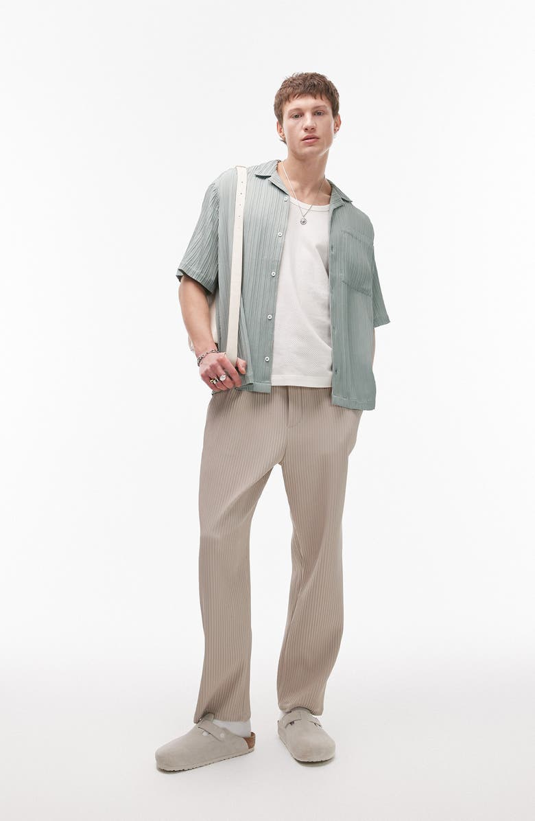 Topman Plissé Short Sleeve Button-Up Shirt, Alternate, color, Light Green