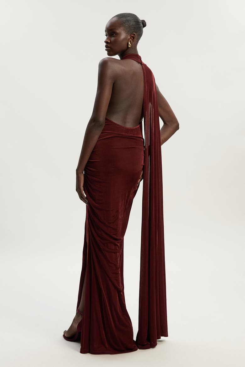 Slinky Crepe High Neck Maxi Dress, Alternate, color, Chocolate