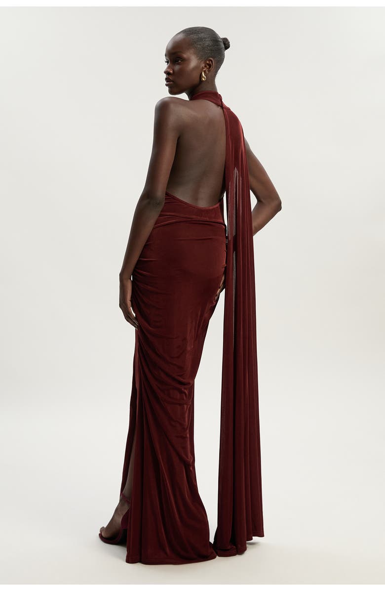 Karen Millen Slinky Crepe High Neck Maxi Dress, Alternate, color, Chocolate