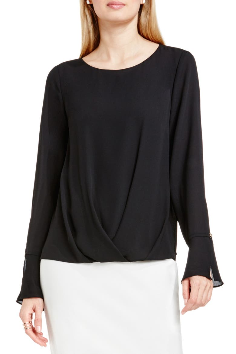 Bell Cuff Fold Front Blouse, Main, color, RICH BLACK