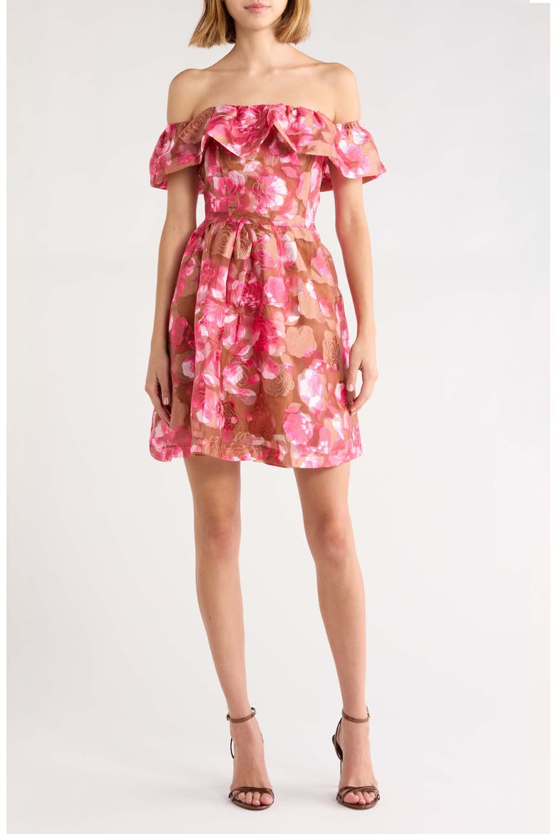 Mersin Floral Print Off the Shoulder Dress, Main, color, BROWN MULTI