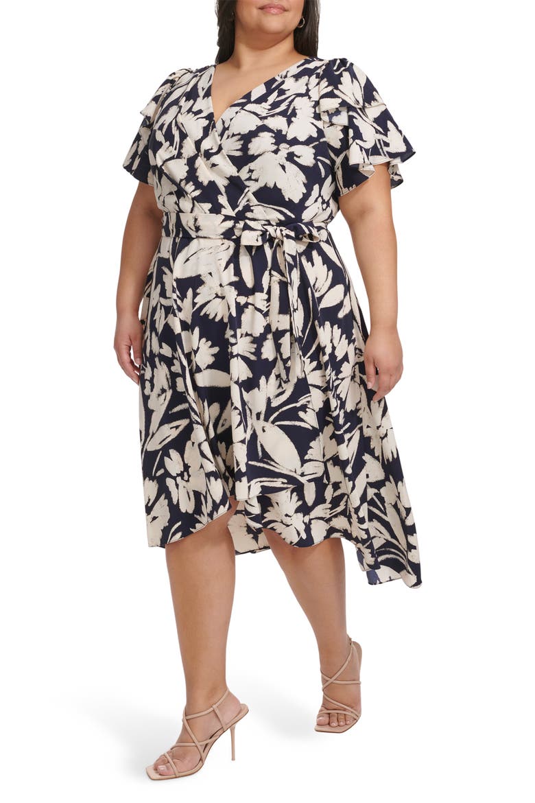 Double Flutter Sleeve Faux Wrap Dress, Alternate, color, SPRING NAVY