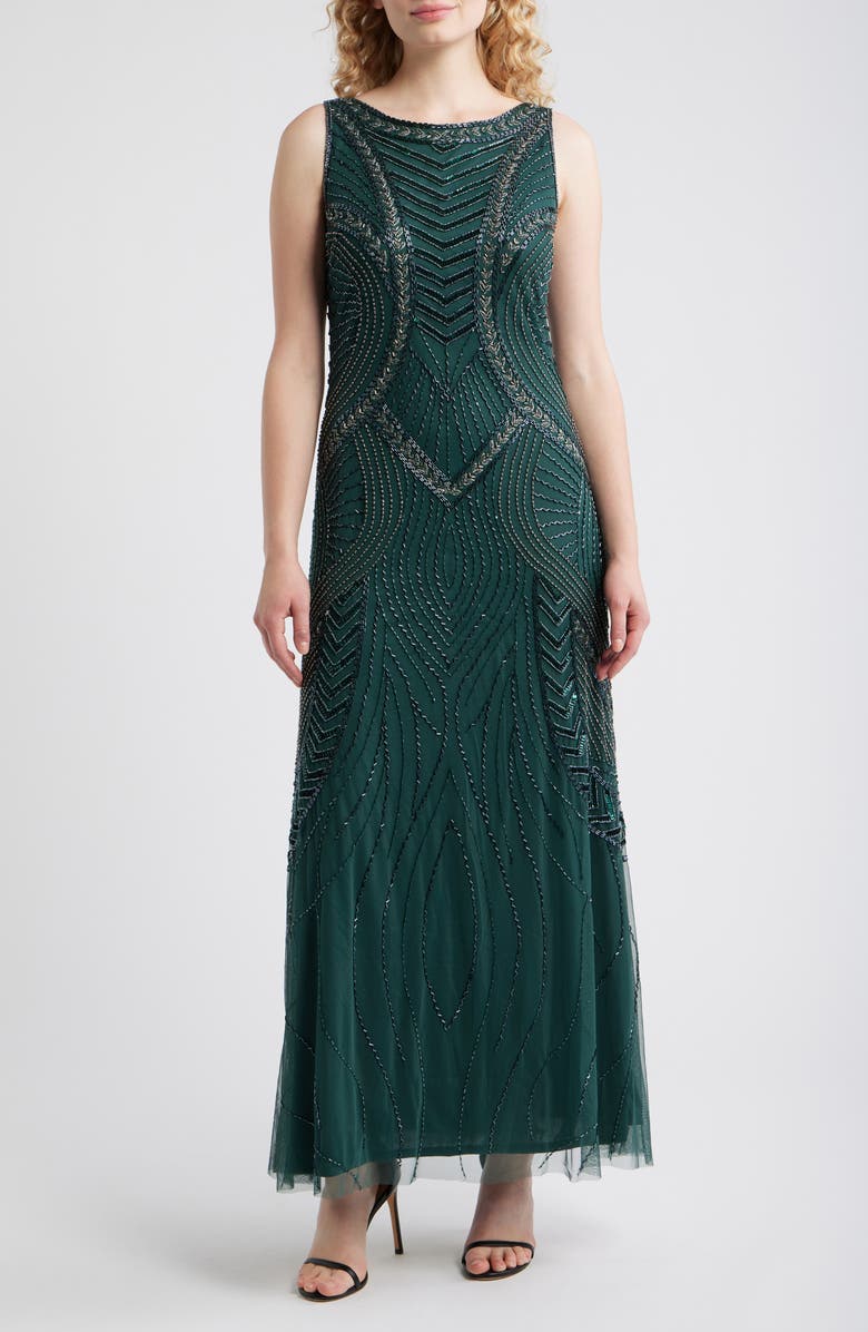 Pisarro Nights Beaded Chevron Sleeveless A-Line Gown, Main, color, Hunter