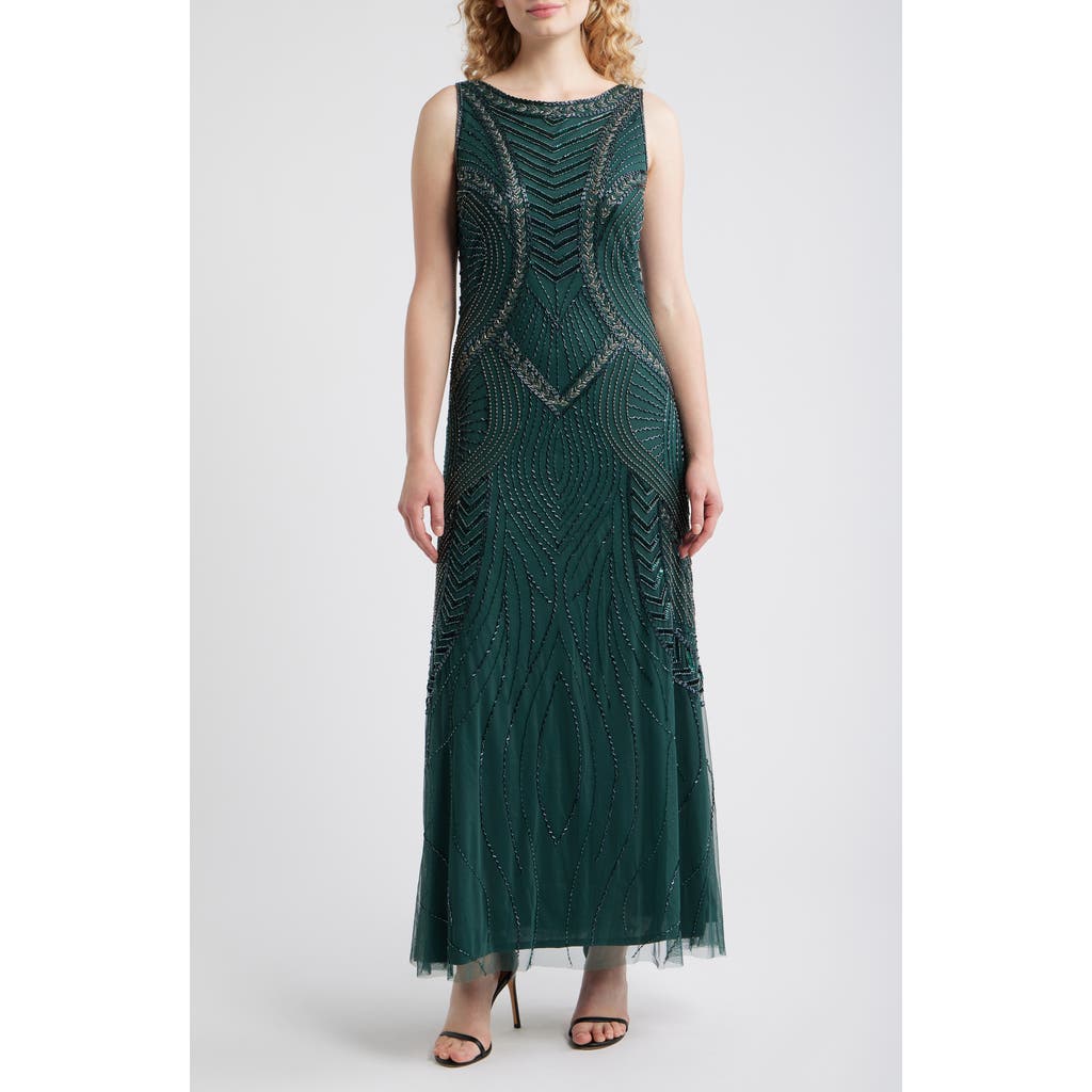 Pisarro Nights Beaded Chevron Sleeveless A-line Gown In Green