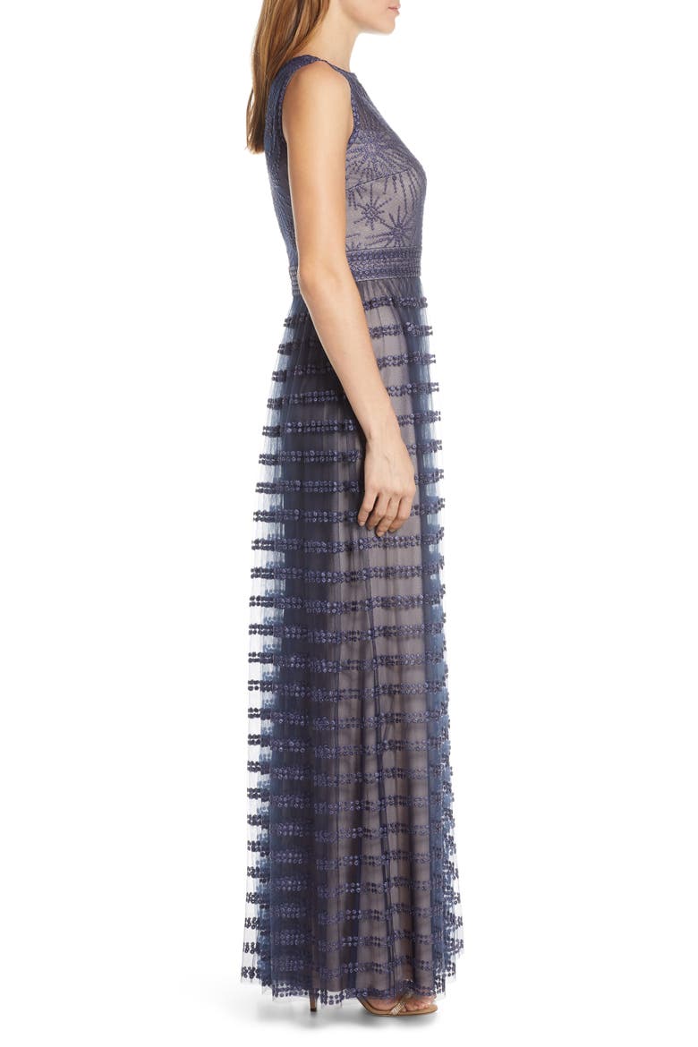 Embroidered Mesh Sleeveless Gown, Alternate, color, NAVY/ PETAL