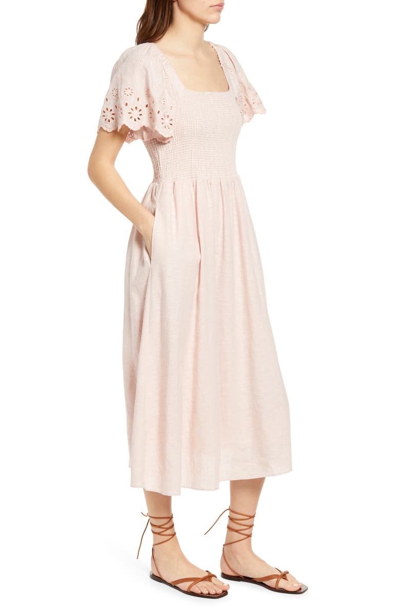 Madewell Lucie Eyelet Sleeve Smocked Linen Blend Midi Dress, Alternate, color, Wisteria Dove
