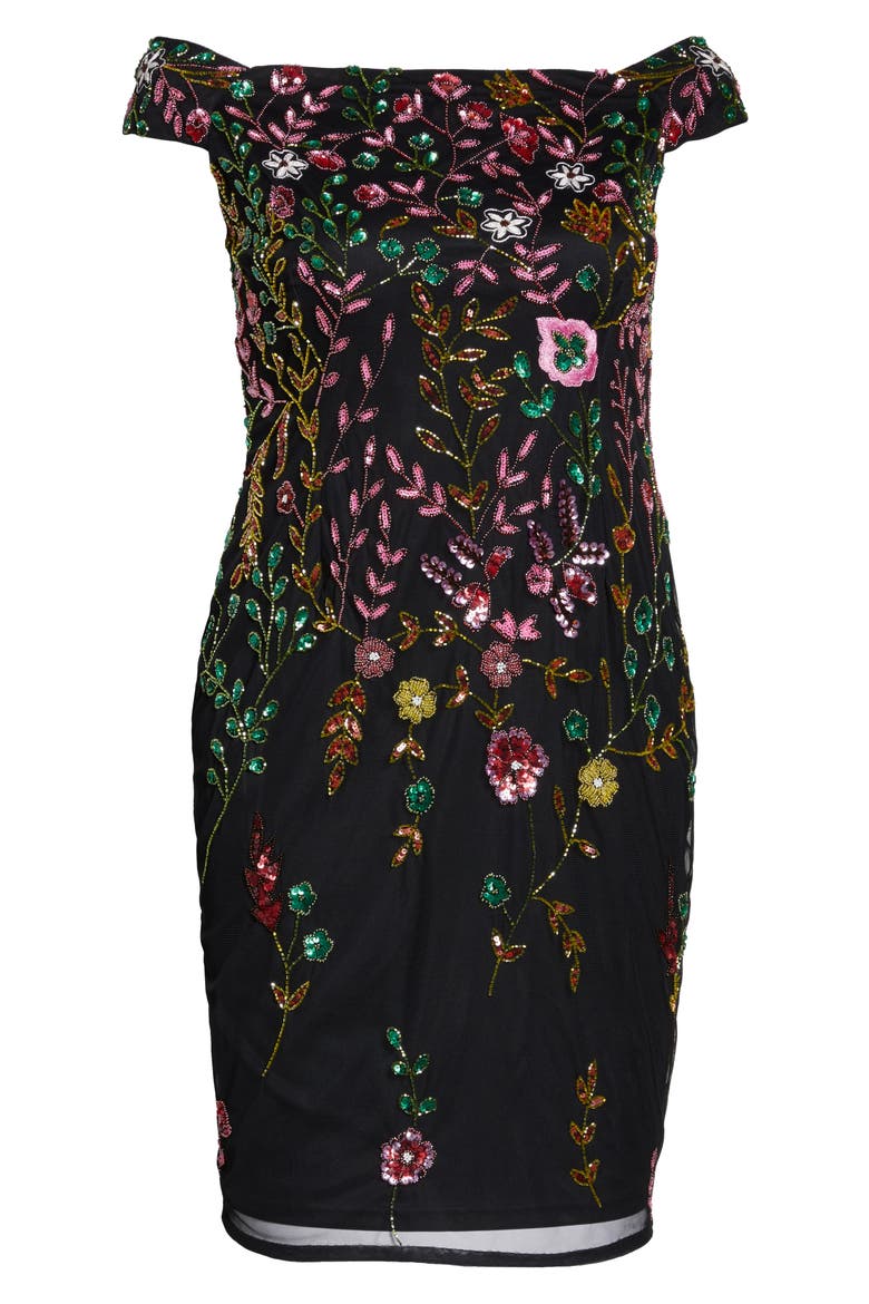 Embellished Off the Shoulder Sheath Dress, Alternate, color, BLACK MULTI