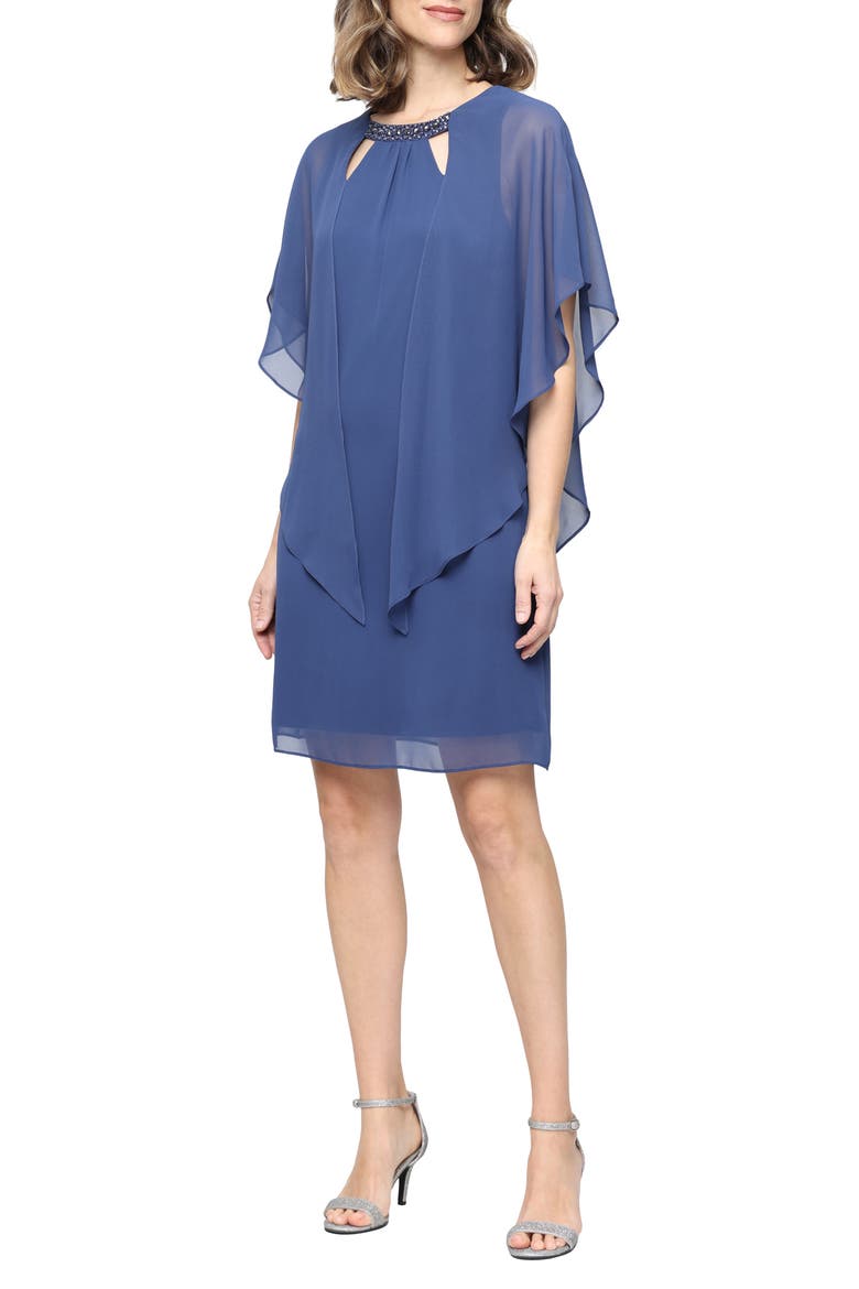 Embellished Crewneck Cape Dress, Main, color, WEDGEWOOD