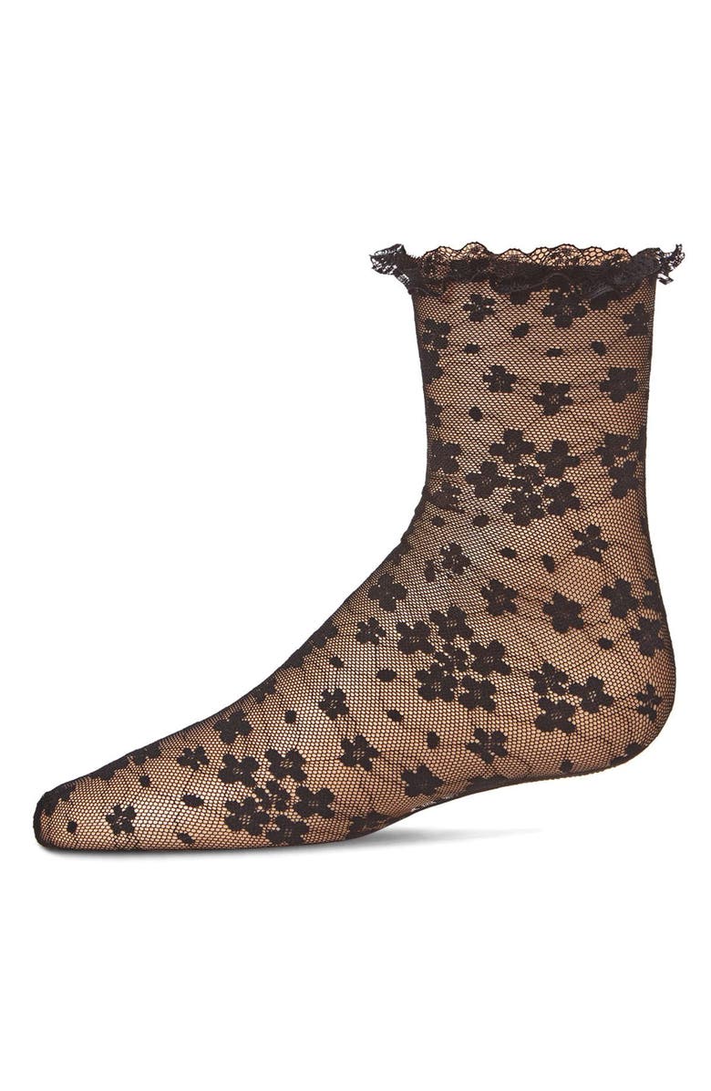 MeMoi Kid's Lace-Trim Floral Net Ankle Sock, Main, color, Black