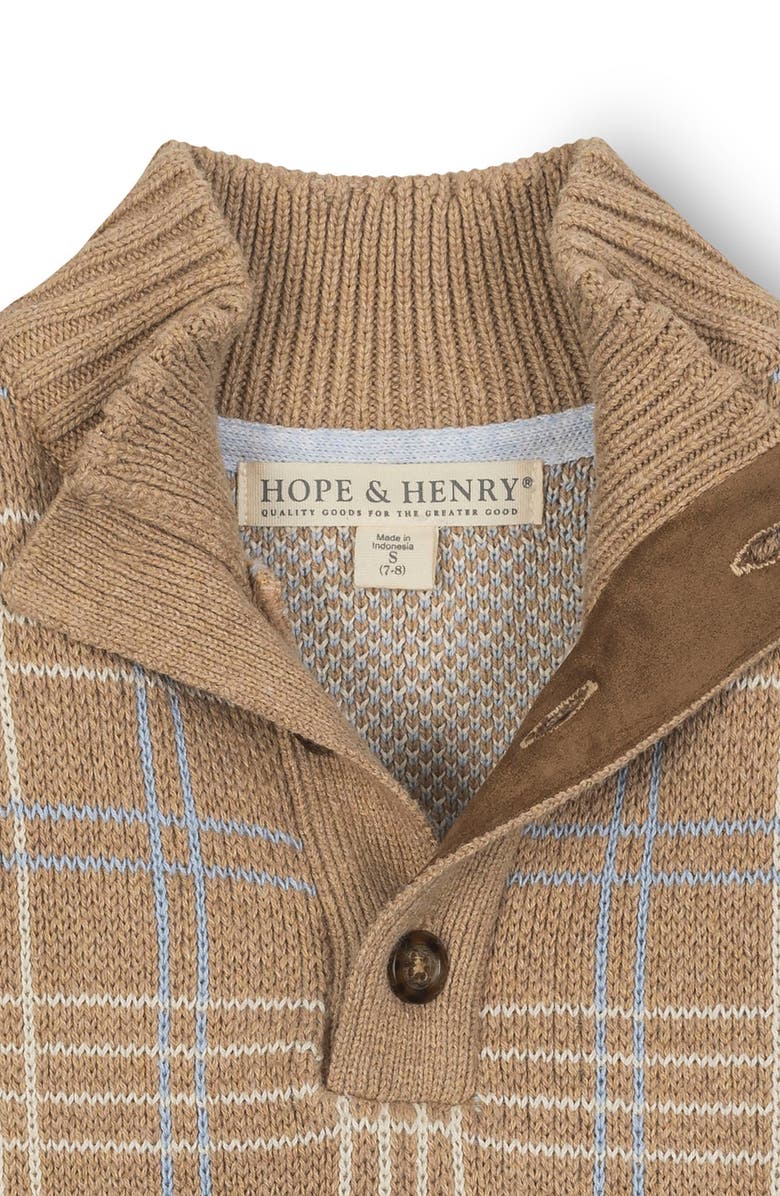 Hope & Henry Kids' Organic Mock Neck Intarsia Sweater, Alternate, color, Camel Heather Plaid Intarsia