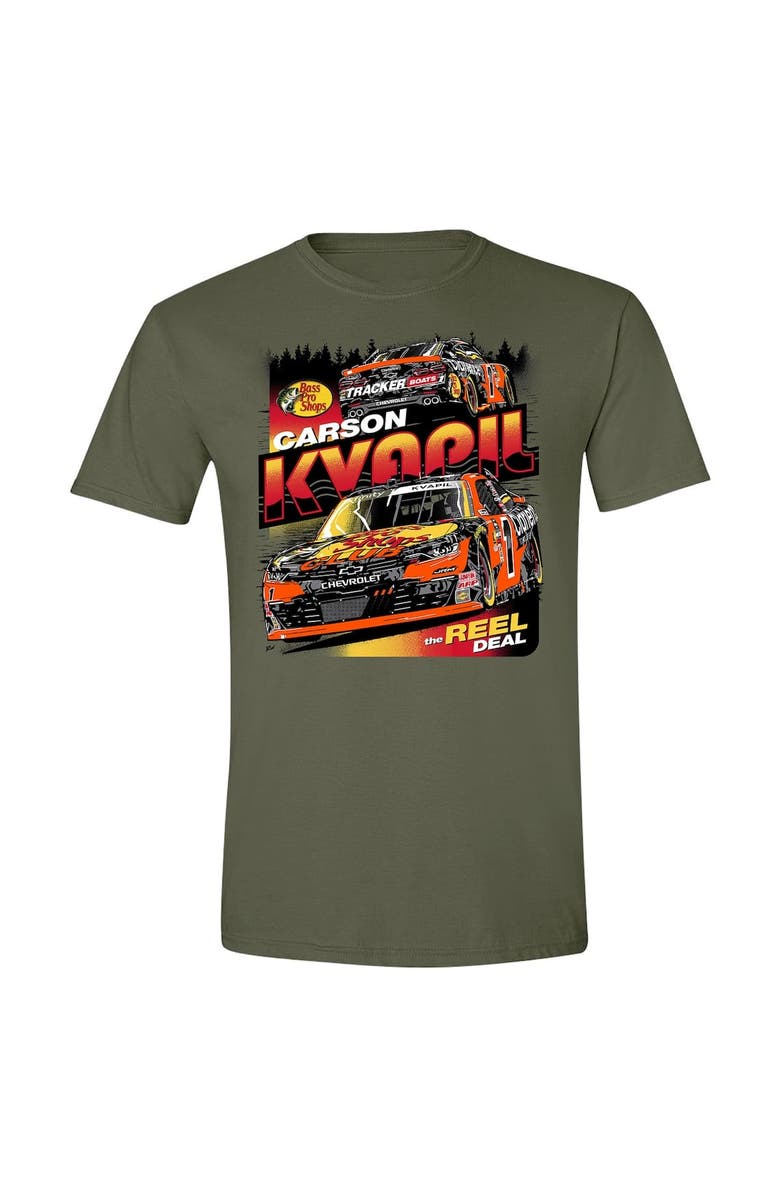 JR MOTORSPORTS OFFICIAL TEAM APPAREL Men's JR Motorsports Official Team Apparel Green Carson Kvapil Bass Pro Shops Car T-Shirt, Alternate, color,