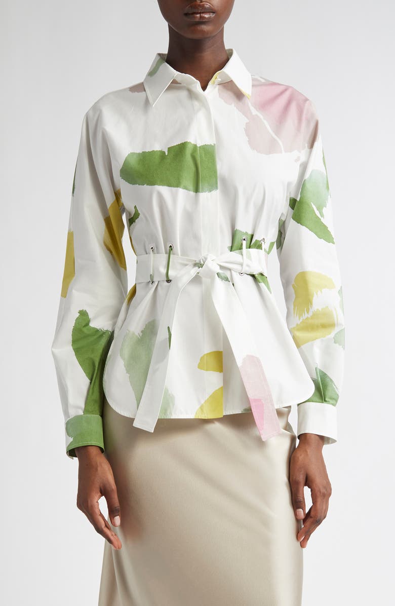 Max Mara Quiete Abstract Print Cotton Belted Shirt, Main, color, White