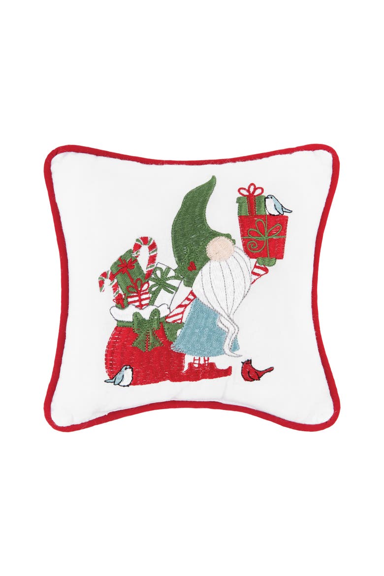 Gnome Presents Embroidered Cotton Small/Petite Accent Pillow, 8" x 8", Main, color, White