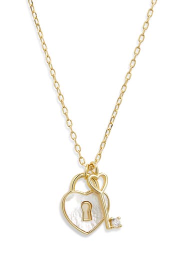 Argento Vivo Mother-of-pearl Heart Lock & Key Charm Necklace In Gold
