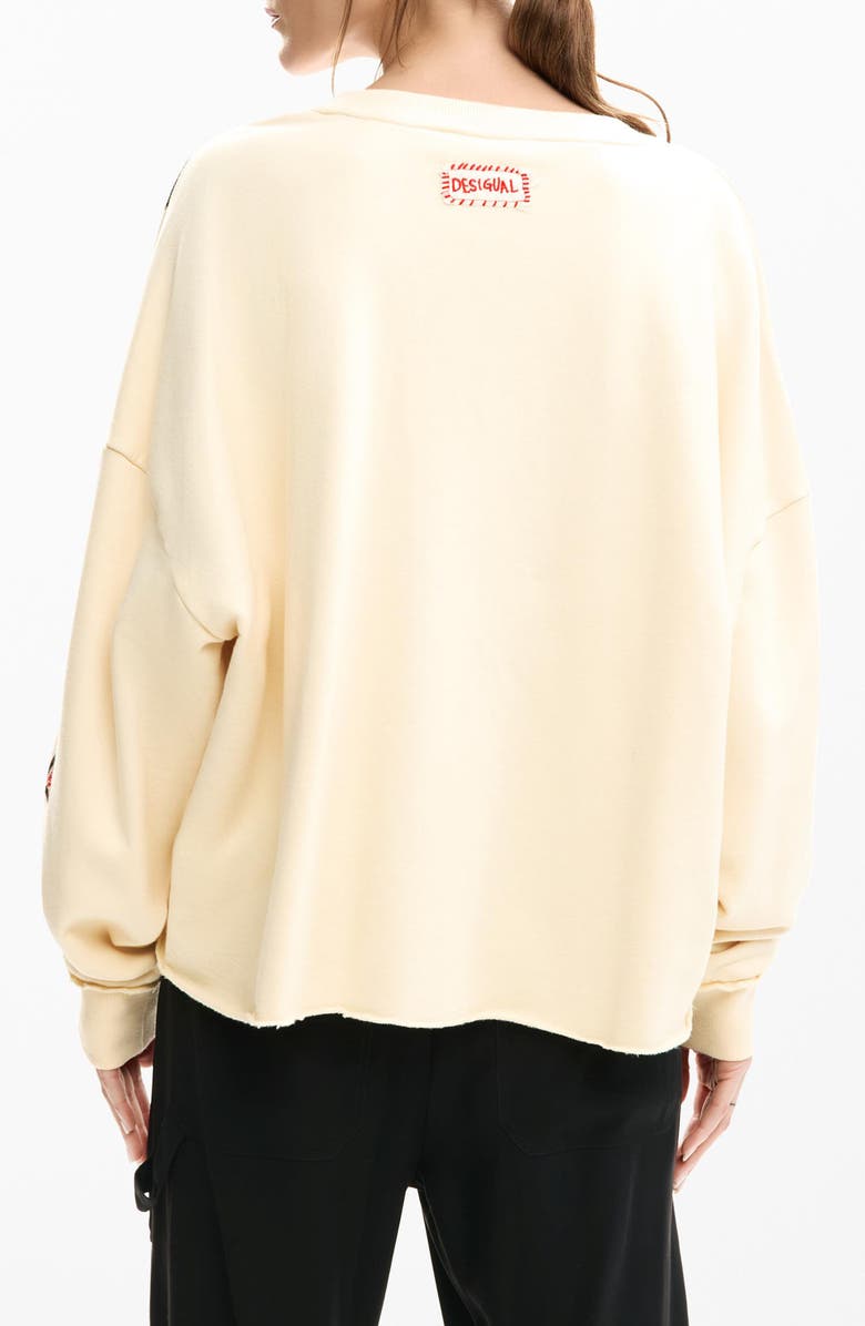 Desigual Mickey & Minnie Mouse Raw Seam Fleece Graphic Sweatshirt, Alternate, color, Off White