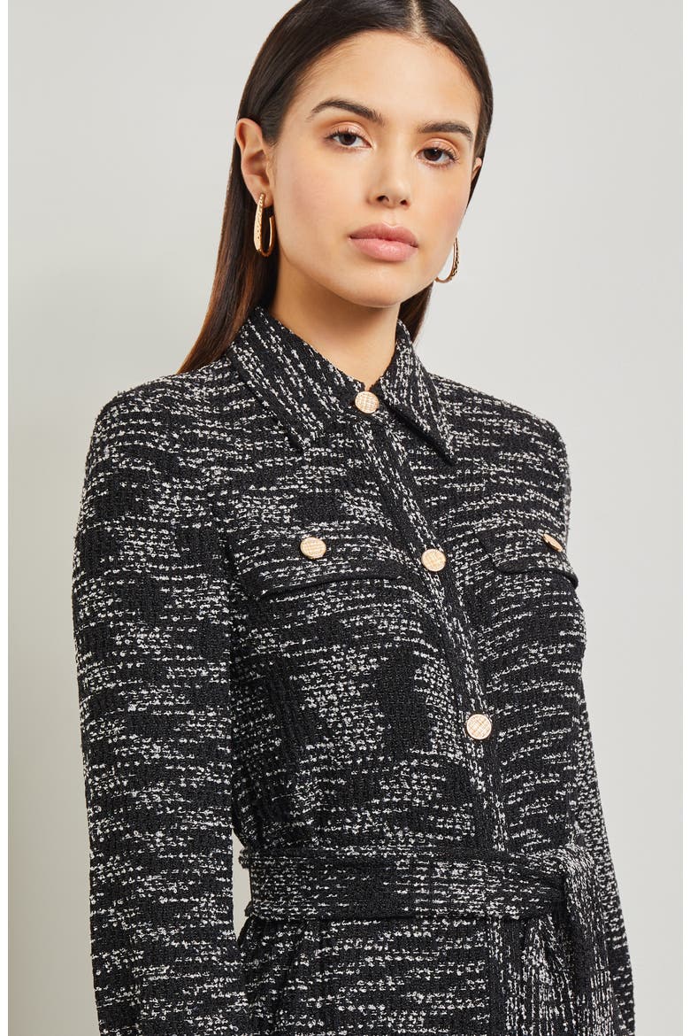 Long Sleeve Belted Tweed Knit Shirtdress, Alternate, color, BLACK/NEW IVORY