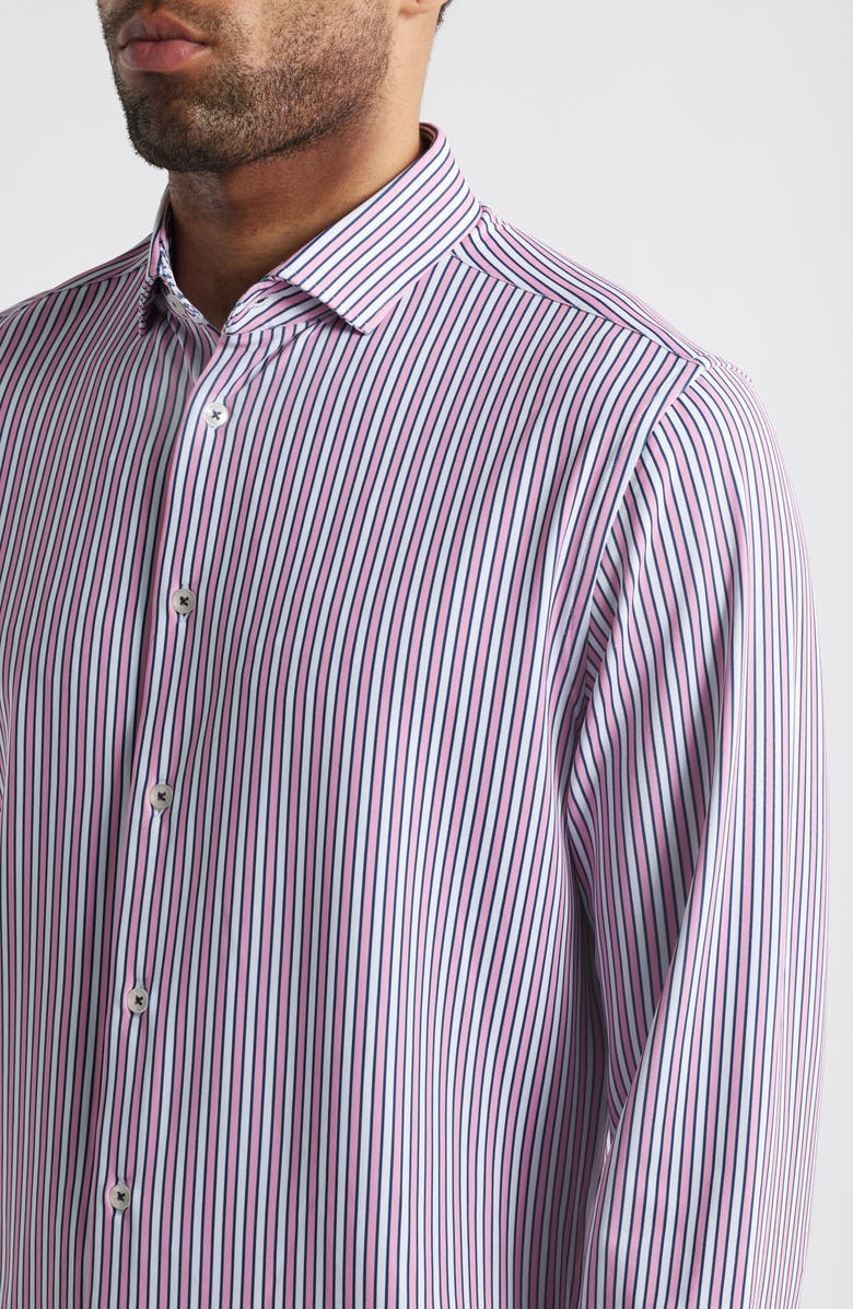 Stone Rose Trim Fit Techno Stretch Stripe Performance Button-Up Shirt, Alternate, color, Med Pink