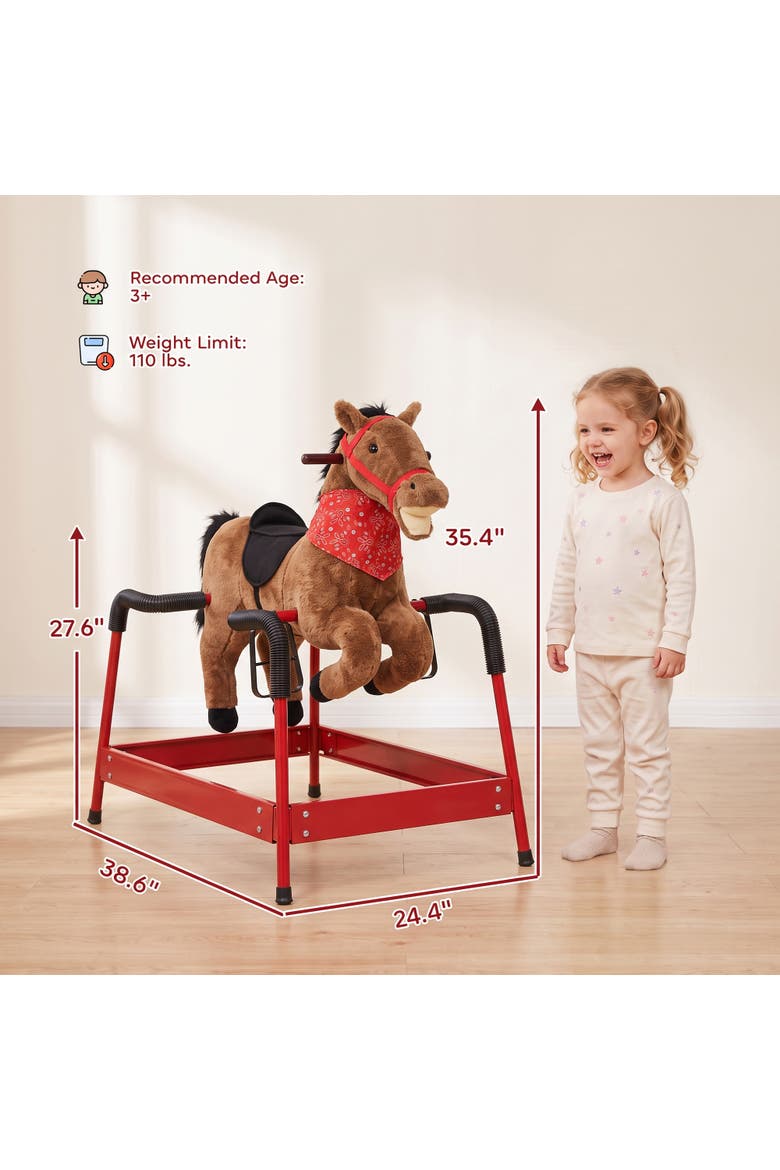 Kids Spring Rocking Horse, Ride on Horse with Neighing Sounds, Plush Animal Ride on Toy with Covered Spring, Wide Base for Ages 3+ Years, Brown, Alternate, color, brown