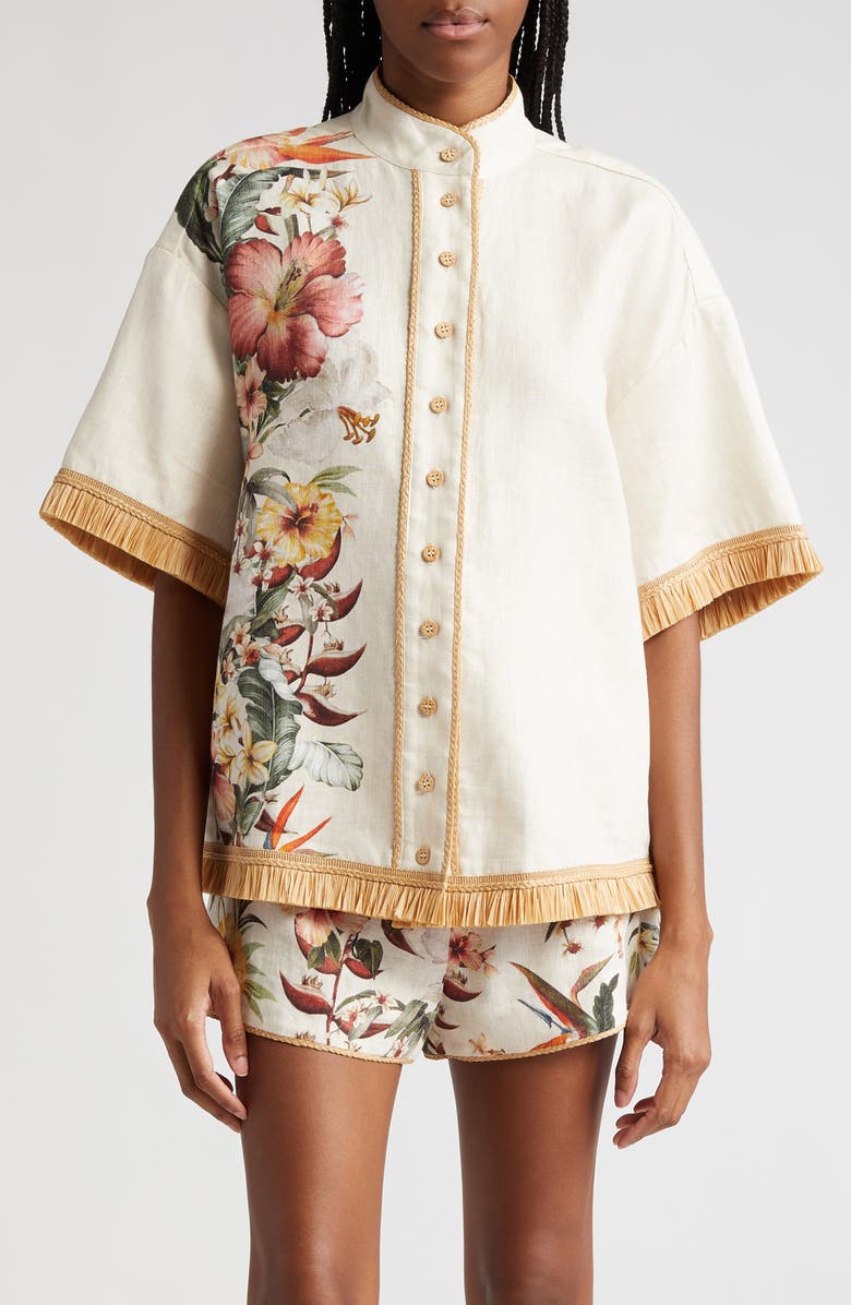 Zimmermann Lexi Tropical Floral Raffia Trim Button-Up Shirt, Main, color,