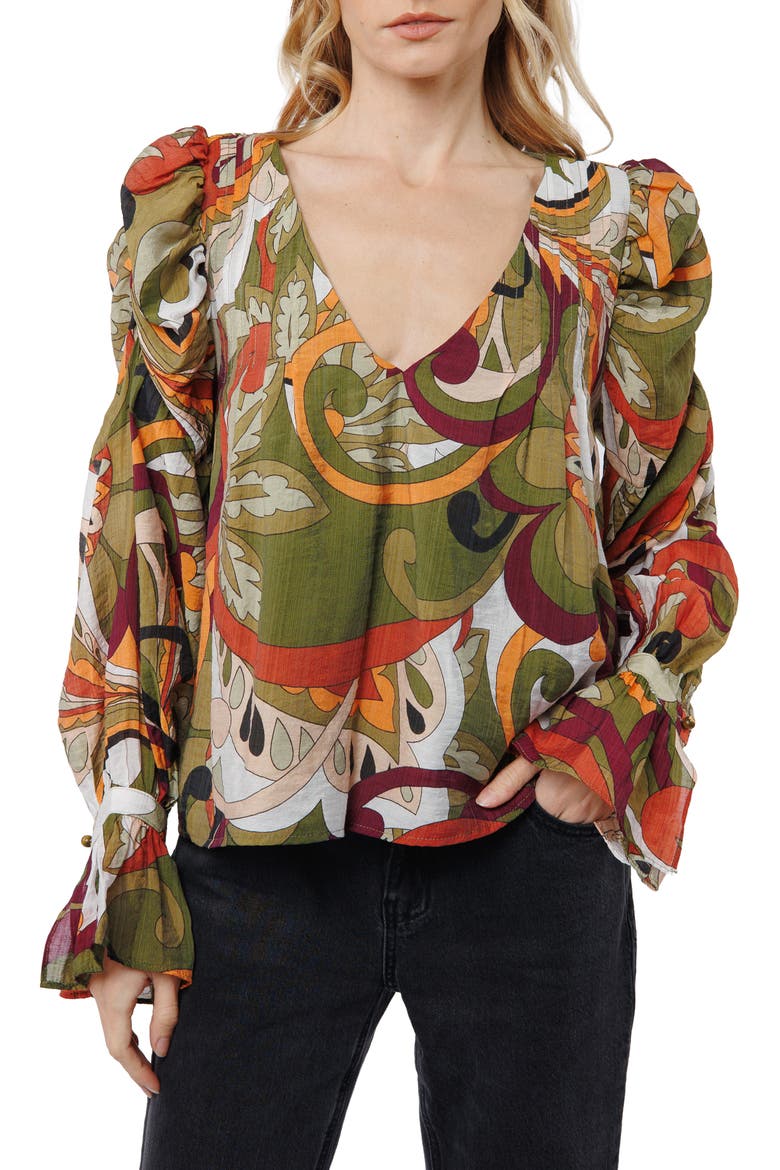 Kysandra Abstract Print V-Neck Top, Main, color, GREEN MULTI
