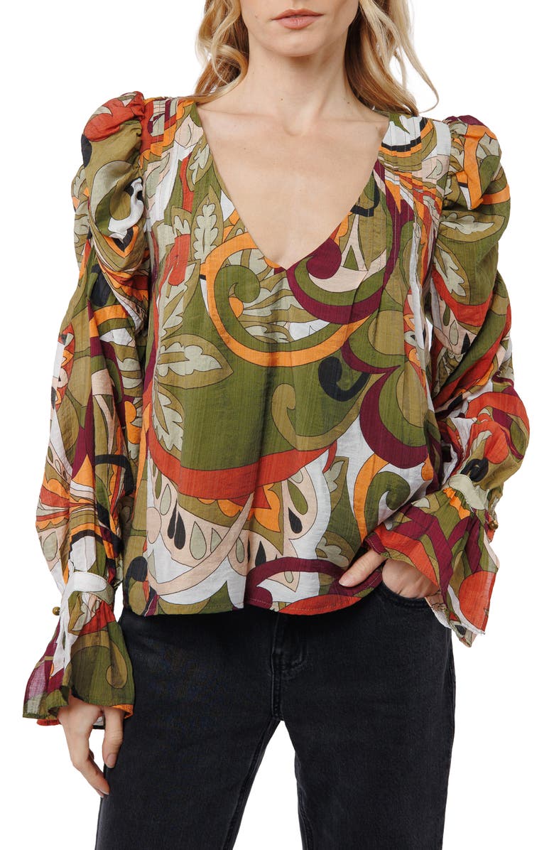 CIEBON Kysandra Abstract Print V-Neck Top, Main, color, Green Multi