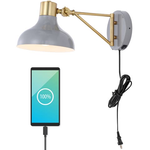 Lynn Swing Arm 1-Light Modern Midcentury Iron USB Charging Port LED Sconce