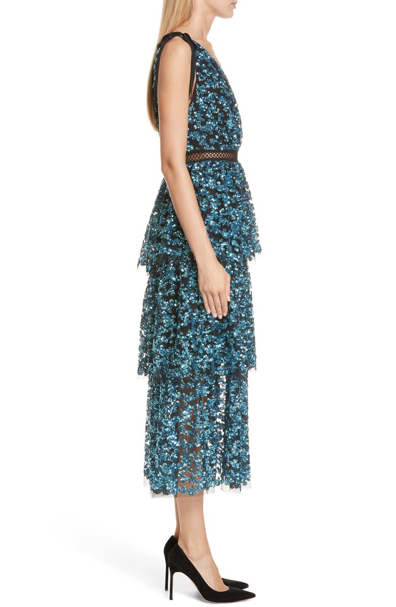 Self-Portrait Tiered Sequined Midi Dress, Alternate, color, 