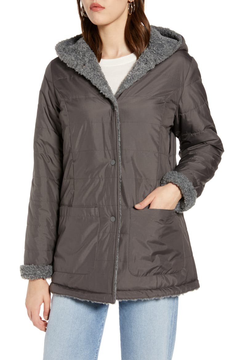 Reversible Faux Fur Hooded Coat, Alternate, color, GREY