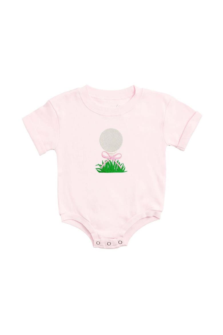 Golf Tee Bow Patch Short Sleeve Romper, Main, color, Ballet Pink