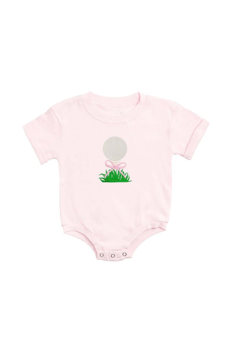 Sweet Wink Golf Tee Bow Patch Short Sleeve Romper, Main, color, Ballet Pink