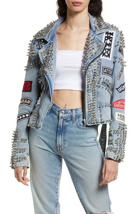Spike Patch Embellished Belted Denim Moto Jacket