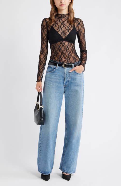 Open Edit Floral Stretch Lace Top In Black