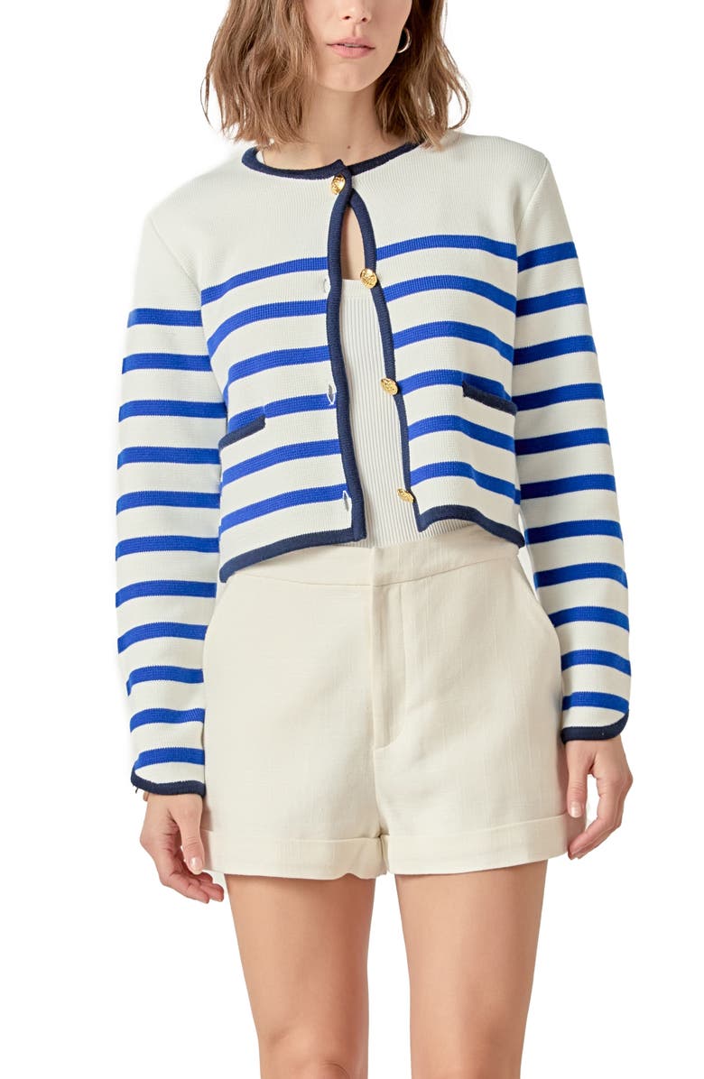 English Factory Stripe Crop Cardigan, Alternate, color, Blue Multi