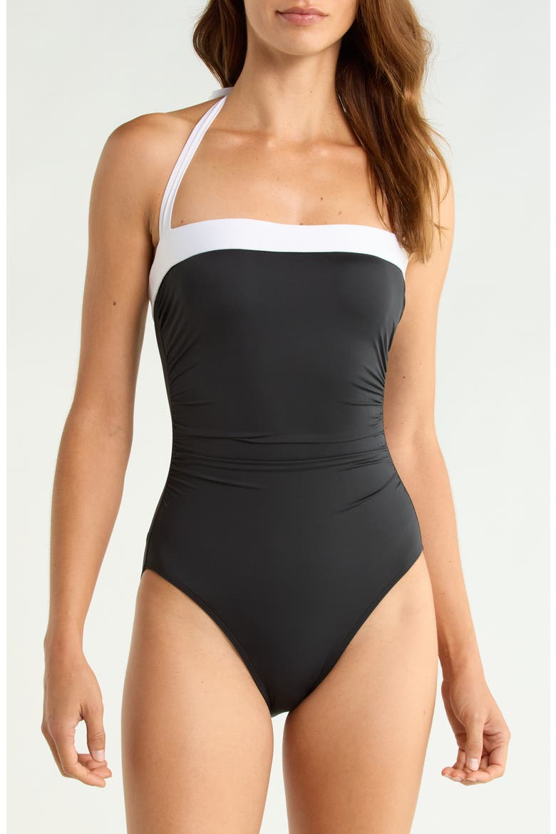Shirred Bandeau Halter One-Piece Swimsuit, Main, color, BLACK
