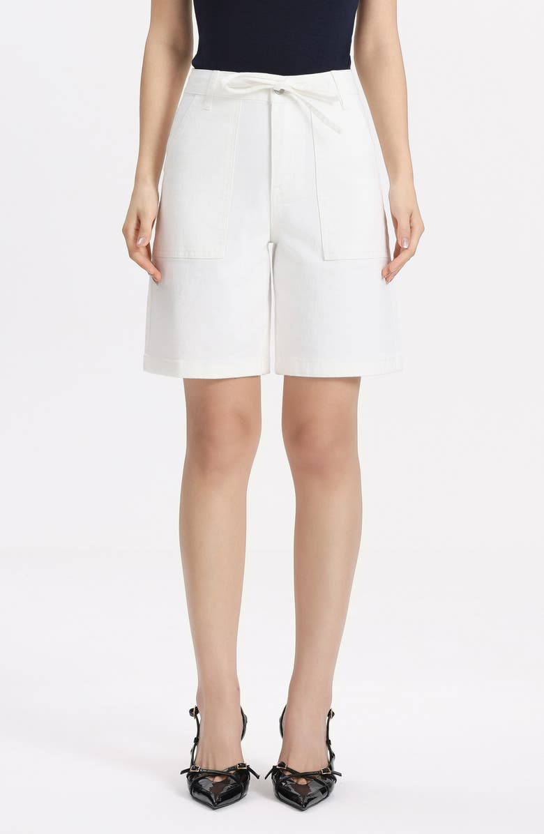 Bayeas Drawstring High Waist Denim Bermuda Shorts, Main, color, White