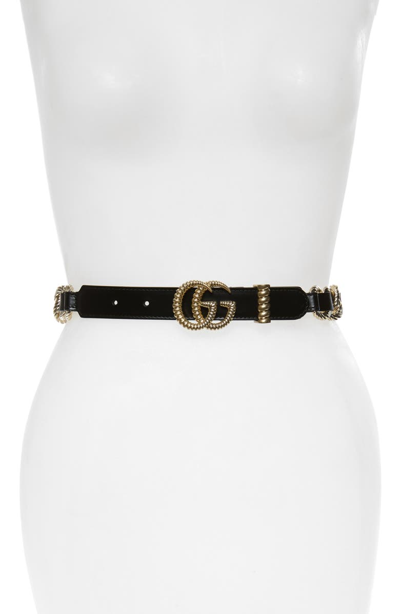 Gucci Textured GG Chain & Leather Skinny Belt, Main, color,