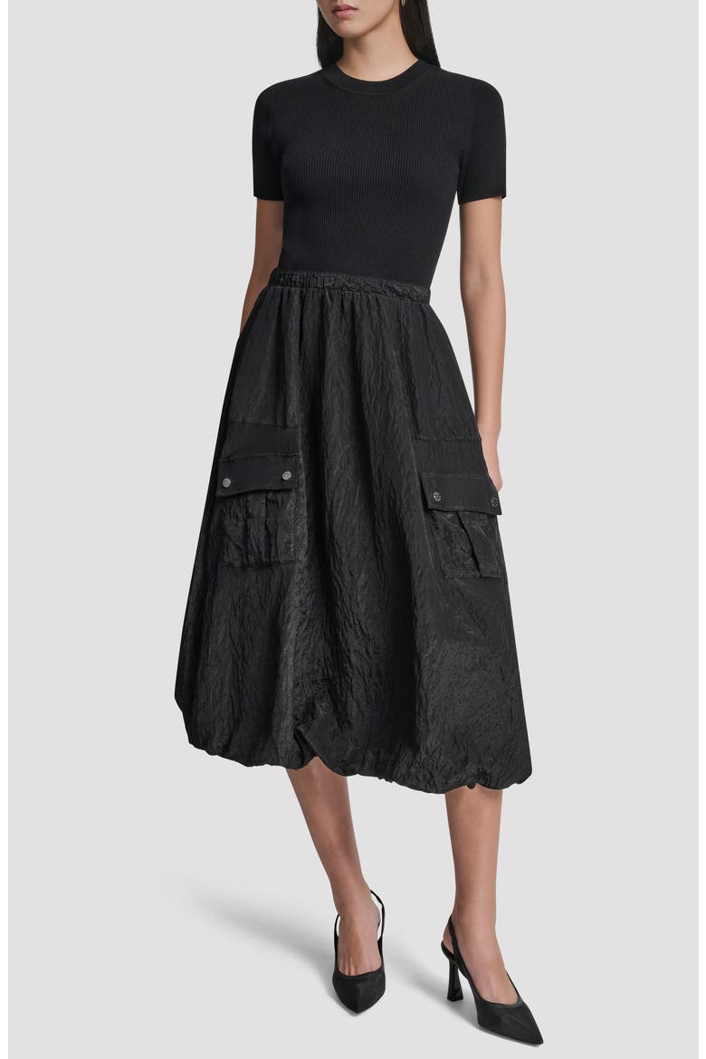 Mixed Media Cargo Pocket Midi Dress, Main, color, BLACK