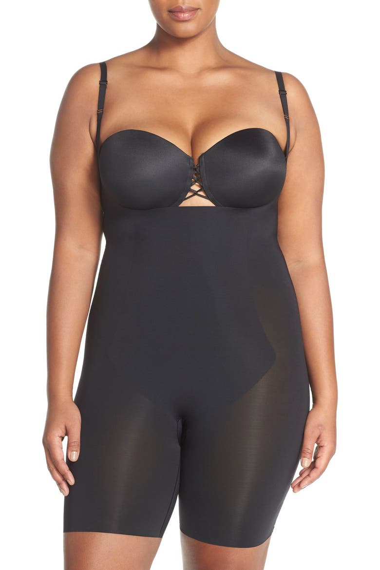 Thinstincts Open Bust Mid-Thigh Bodysuit, Main, color, VERY BLACK