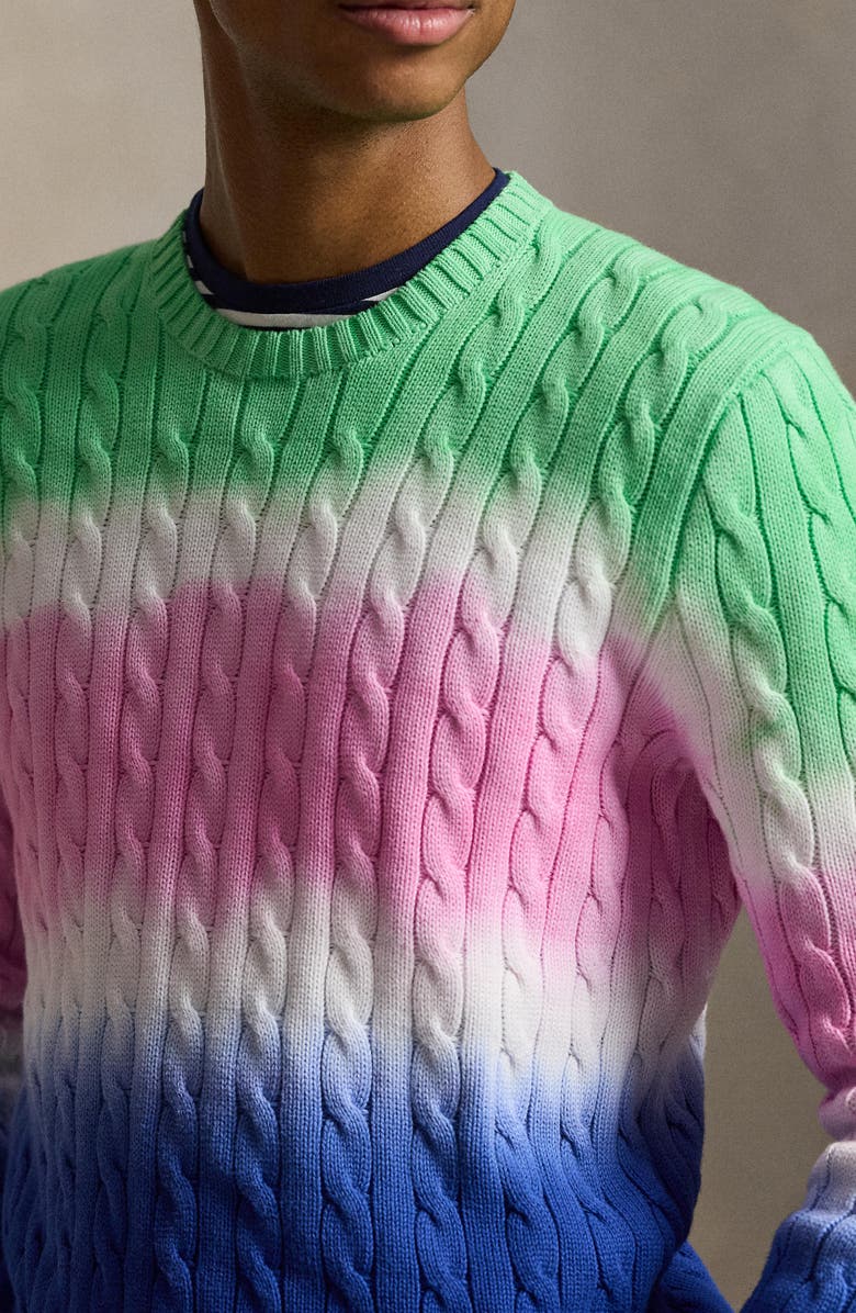 Polo Ralph Lauren Dip Dye Cable Stitch Cotton Crewneck Sweater, Alternate, color, Green Multi