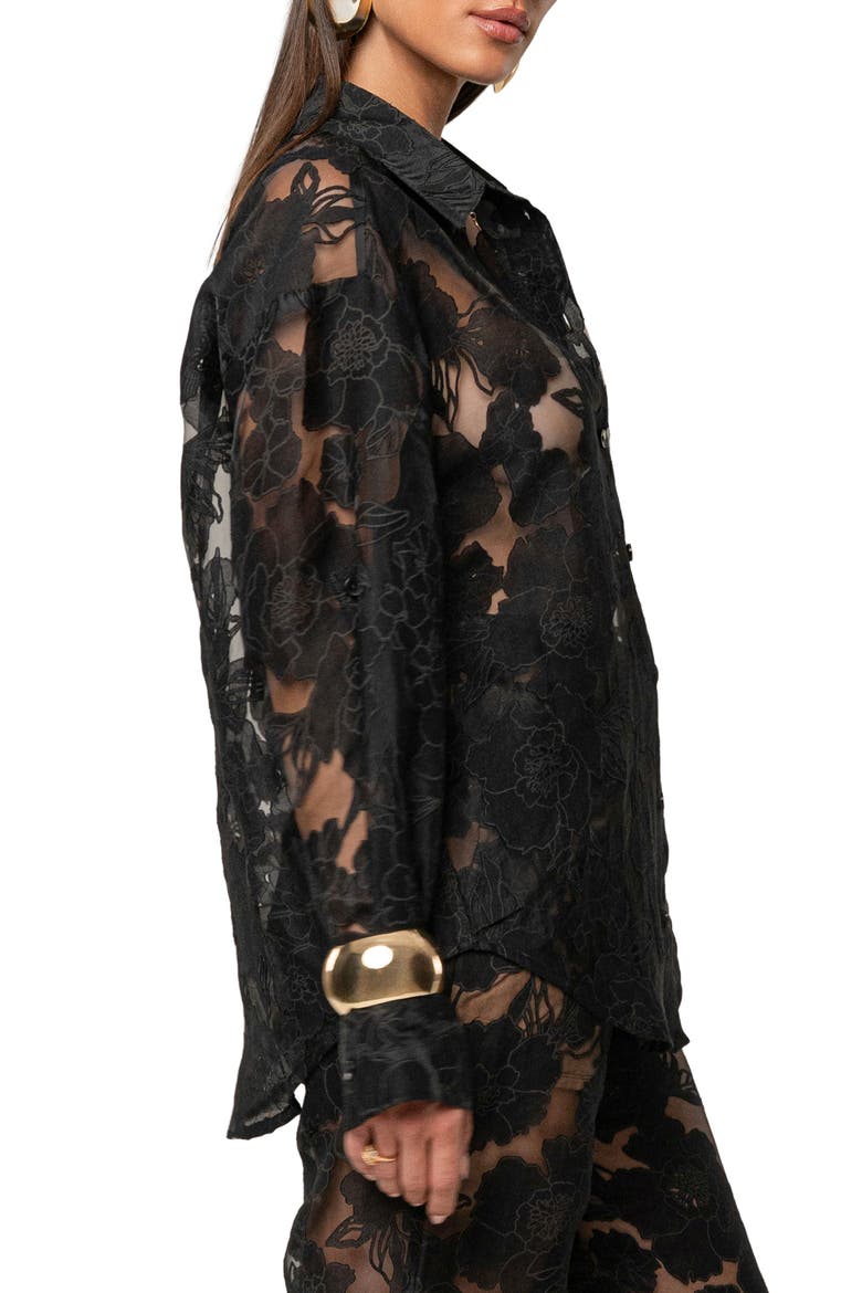 Embroidered Floral Cotton Blend Organza Button-Up Shirt, Alternate, color, BLACK
