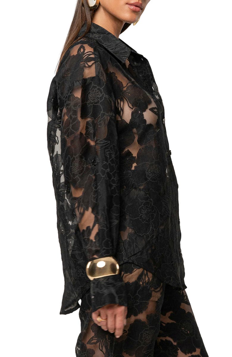 JLUXLABEL Embroidered Floral Cotton Blend Organza Button-Up Shirt, Alternate, color, Black