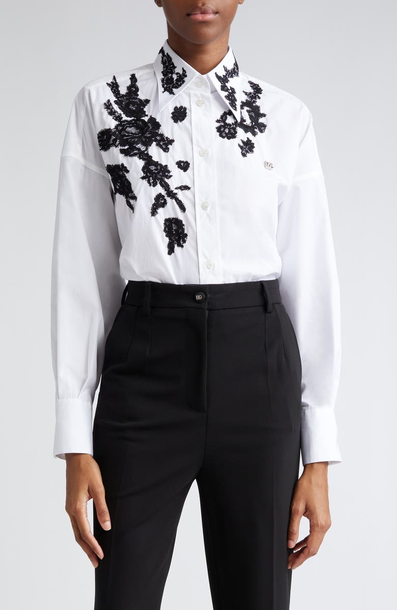Dolce&Gabbana Floral Lace High-Low Button-Up Shirt, Main, color,